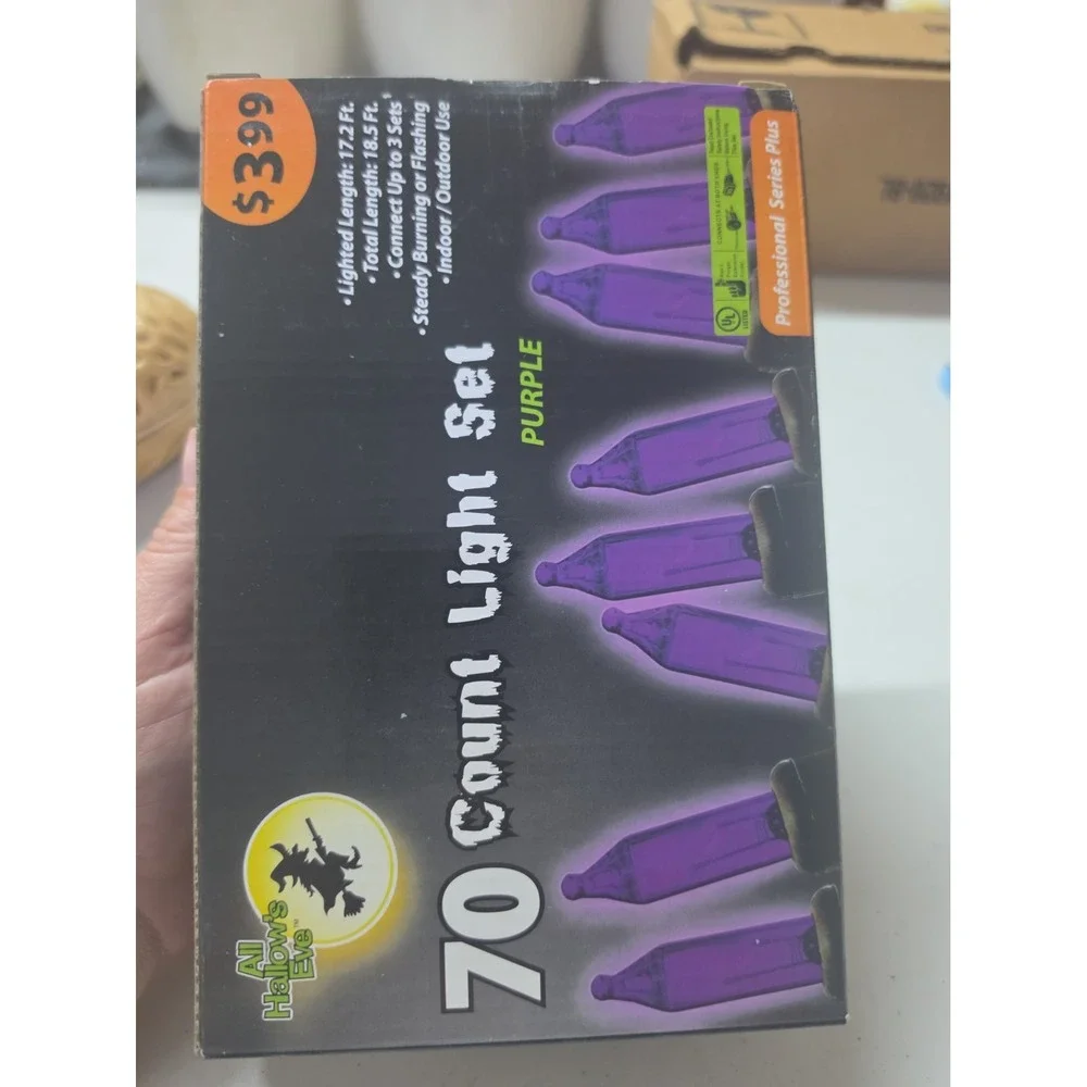 Nos All Hallow's Eve 70 Count Purple String Lights, Halloween Theme, Black Wire